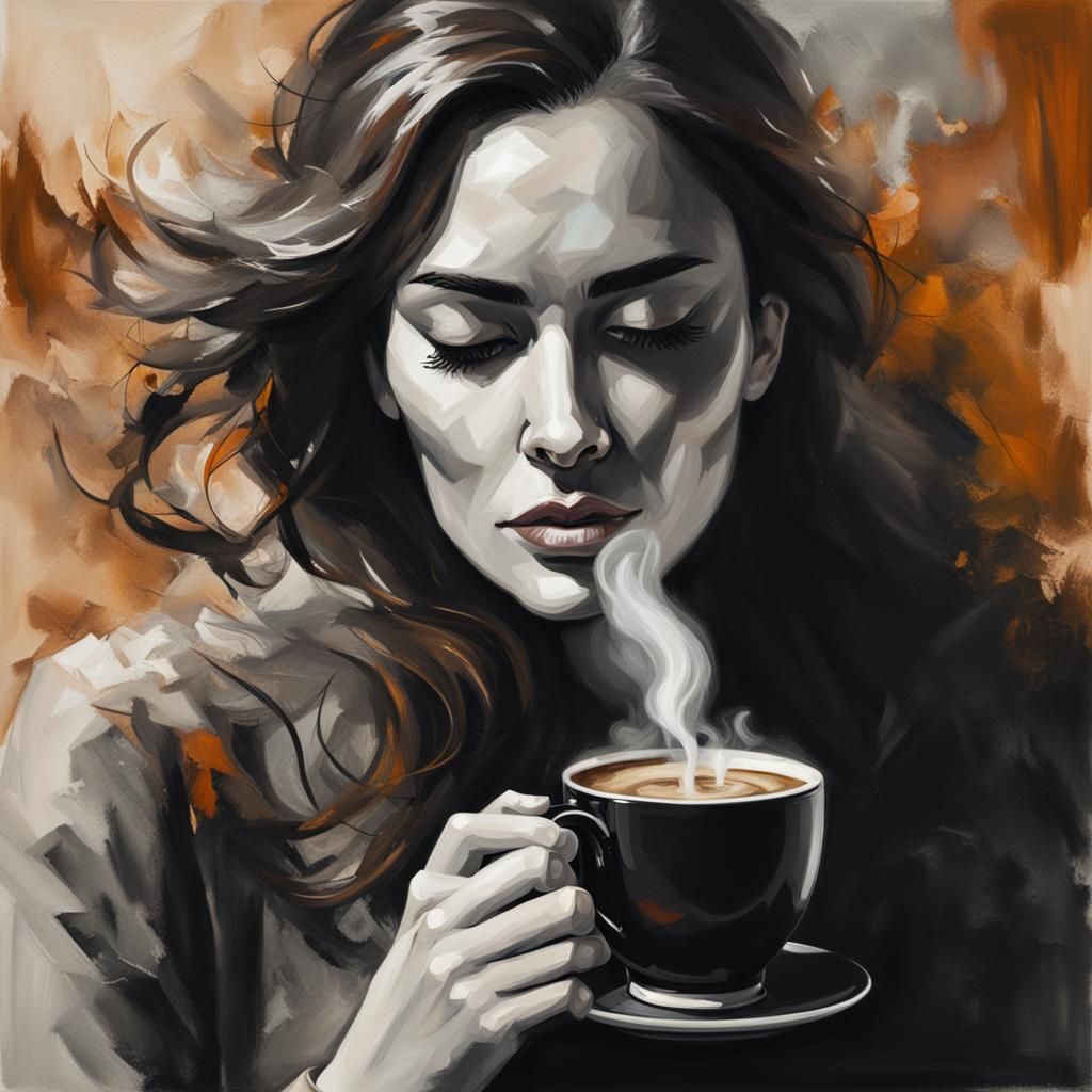 Woman Drinking Coffee as Oil Painting