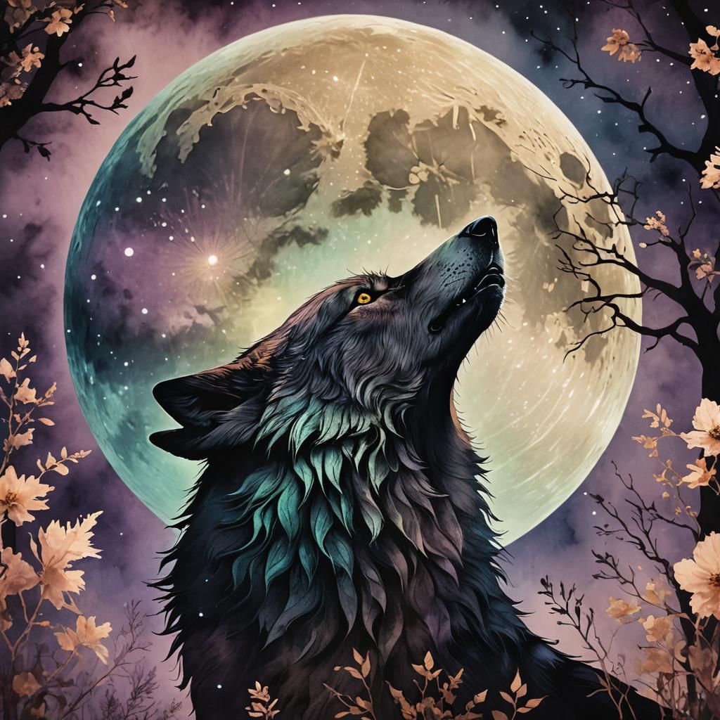 Mysterious Wolf Howling at Ethereal Moon in Alcohol Ink