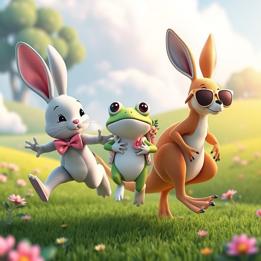 Whimsical Trio in Dreamy Landscape, Anime Style