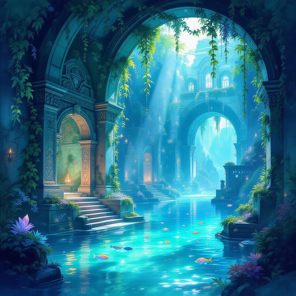 Ethereal Watercolor City Submerged in Bioluminescent Lagoon