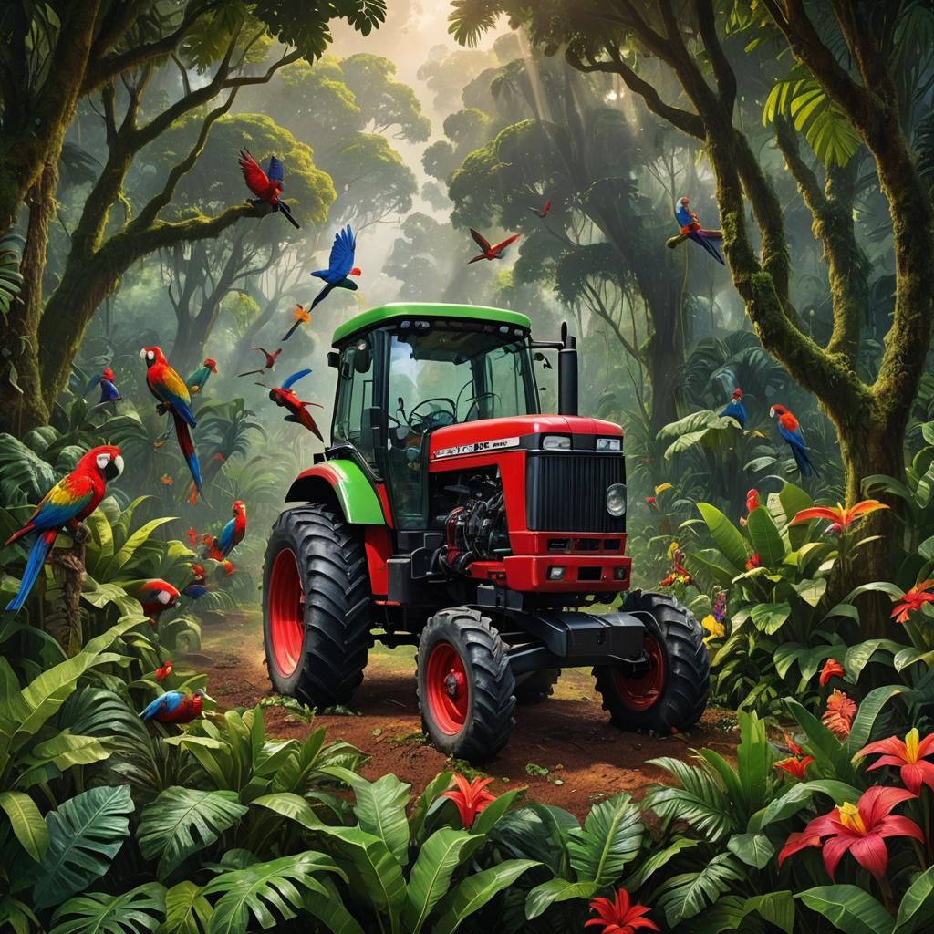 Tractor in Rainforest: Vivid Digital Matte Painting