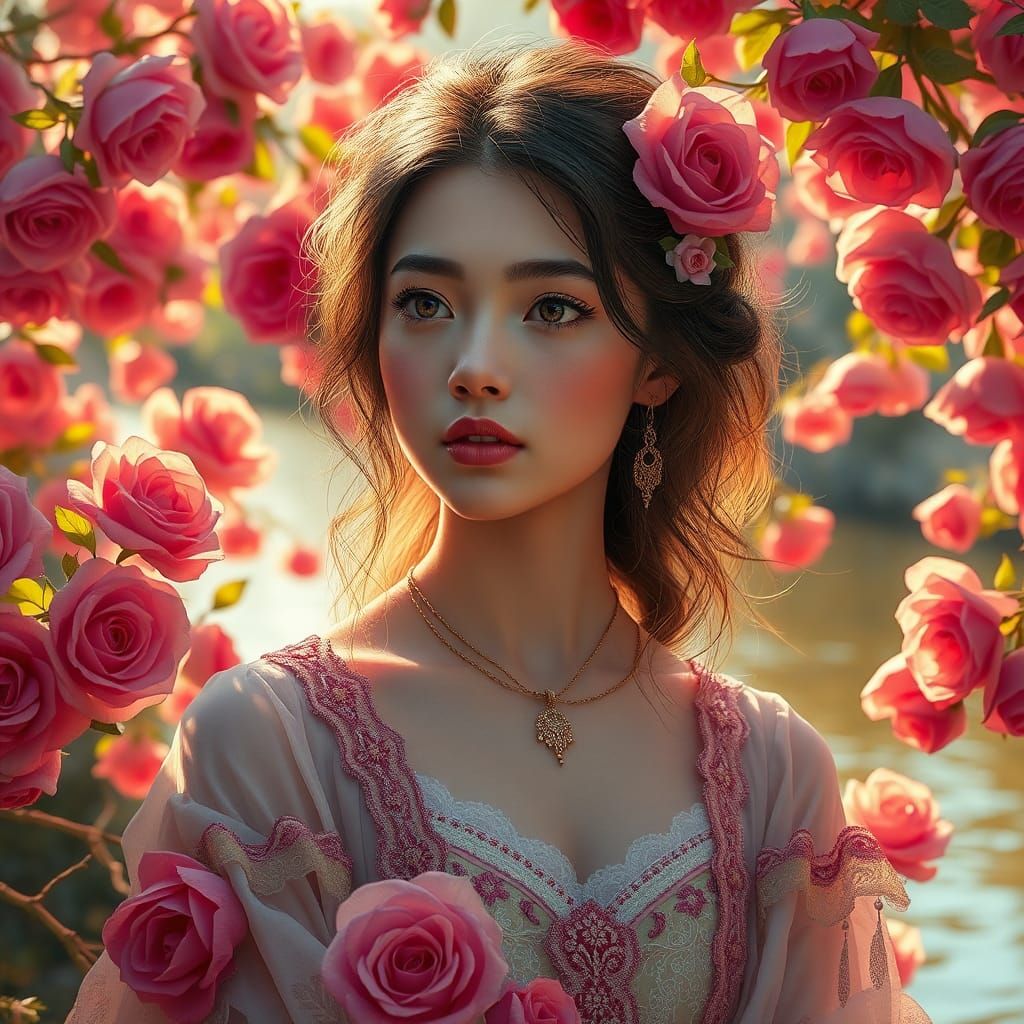 Enchanting Woman Surrounded by Roses in Fantasy Art