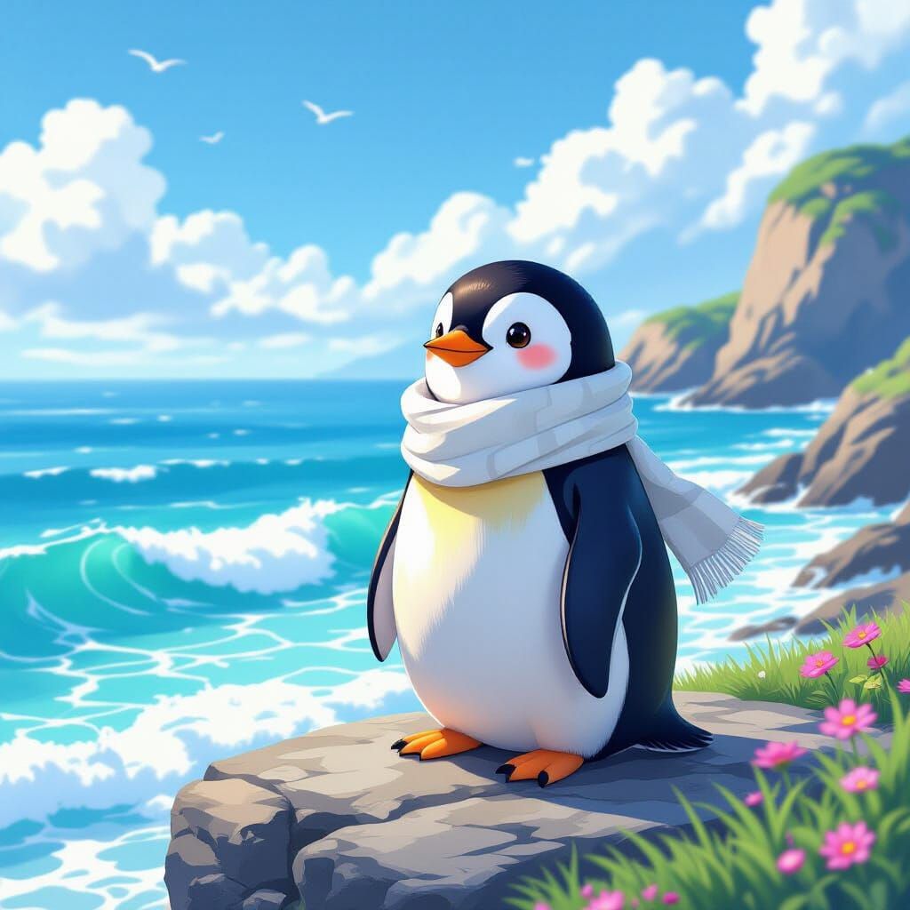Happy Penguin Gazes at Serene Sea Waves