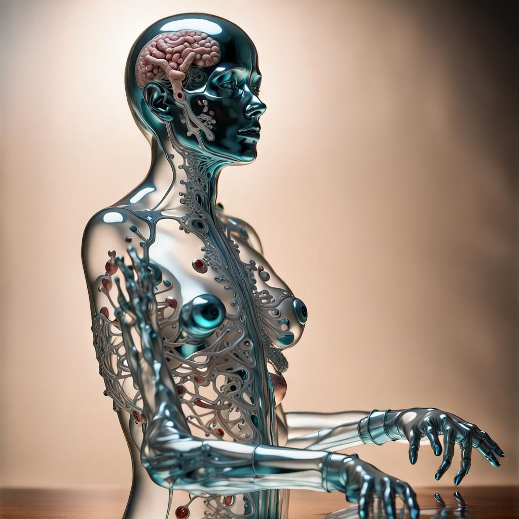 Transparent Glass Cyborg Sculpture in Digital Art Style