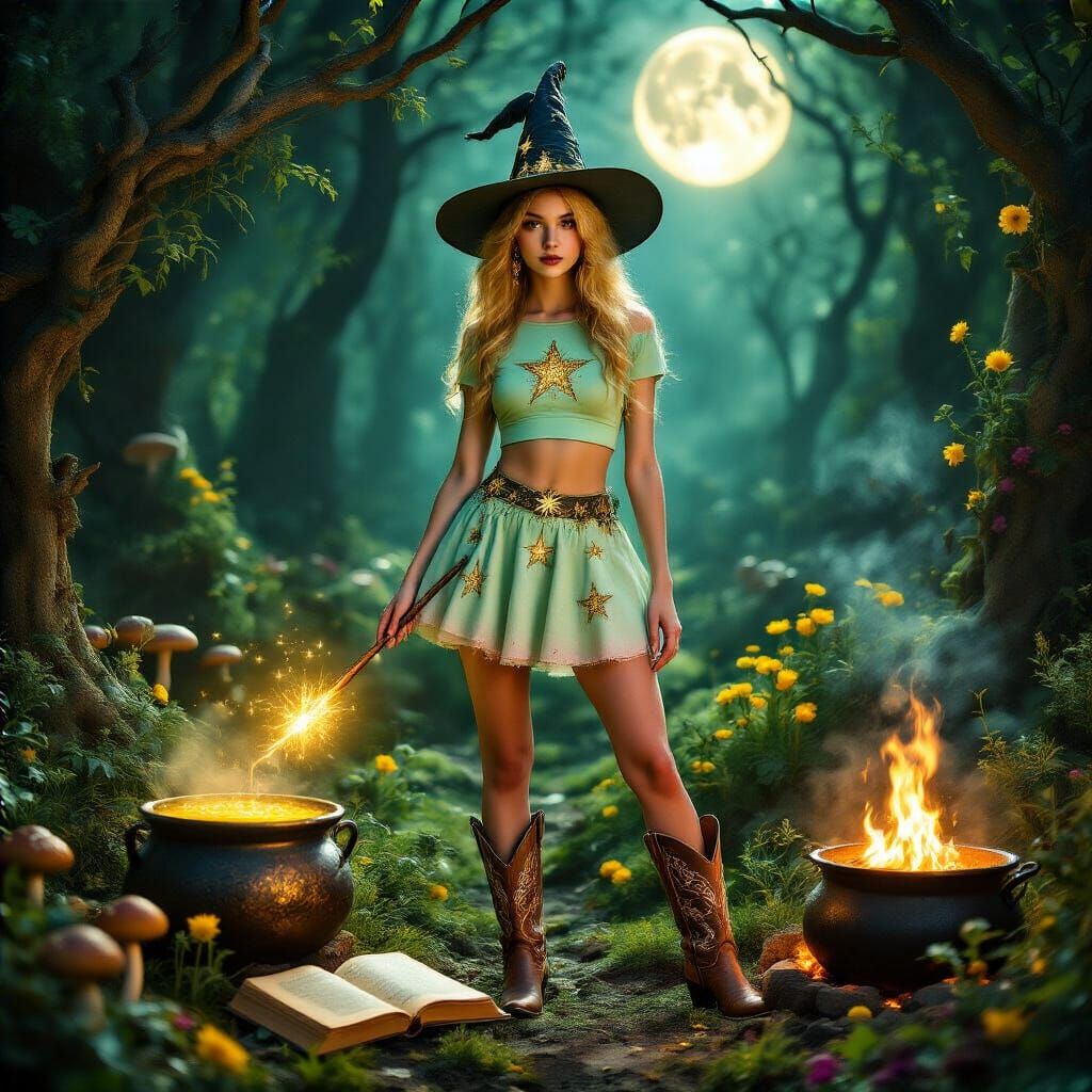 Elegant Witch in Magical Forest at Golden Hour