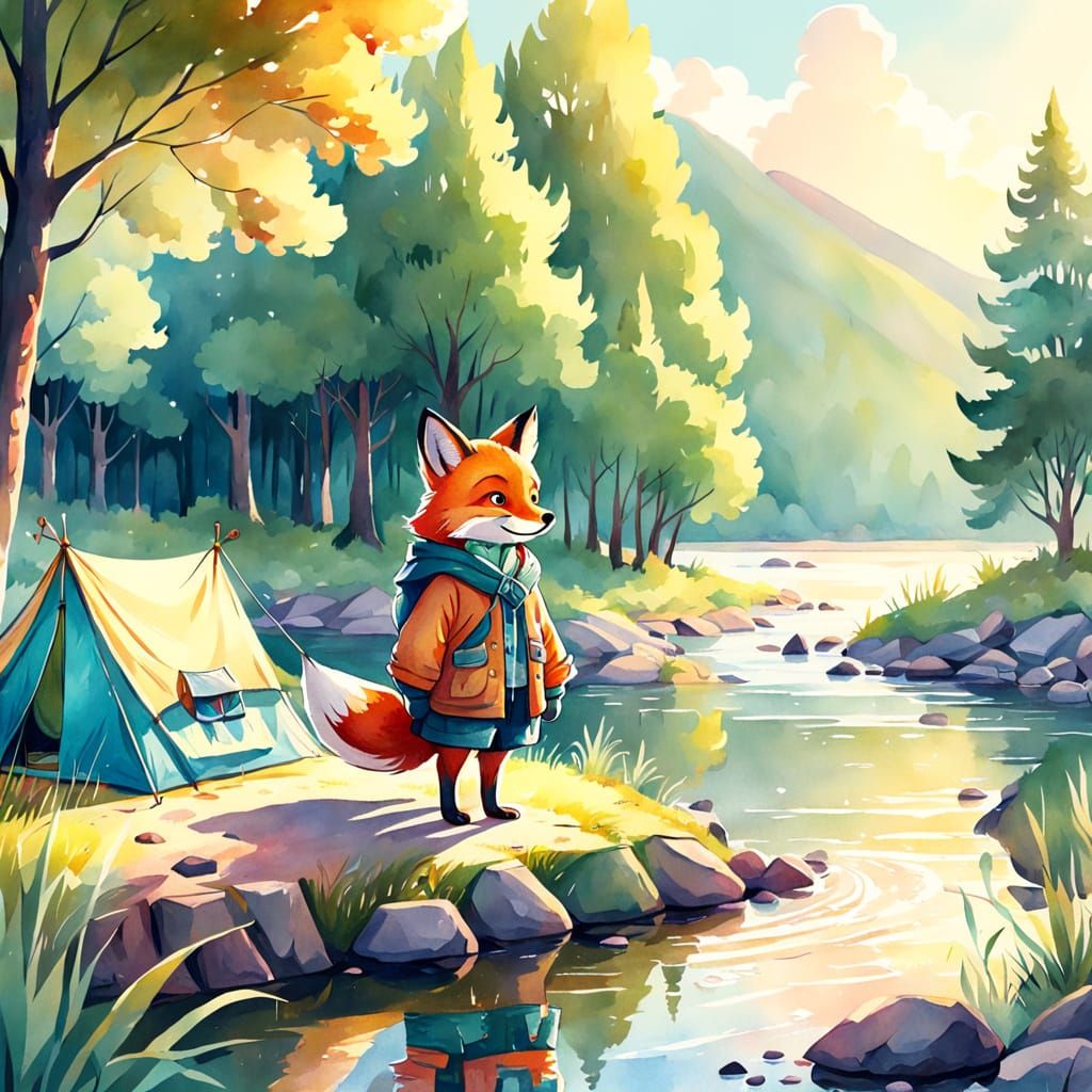 Cartoon Fox Cub Camping: Watercolor Concept Art