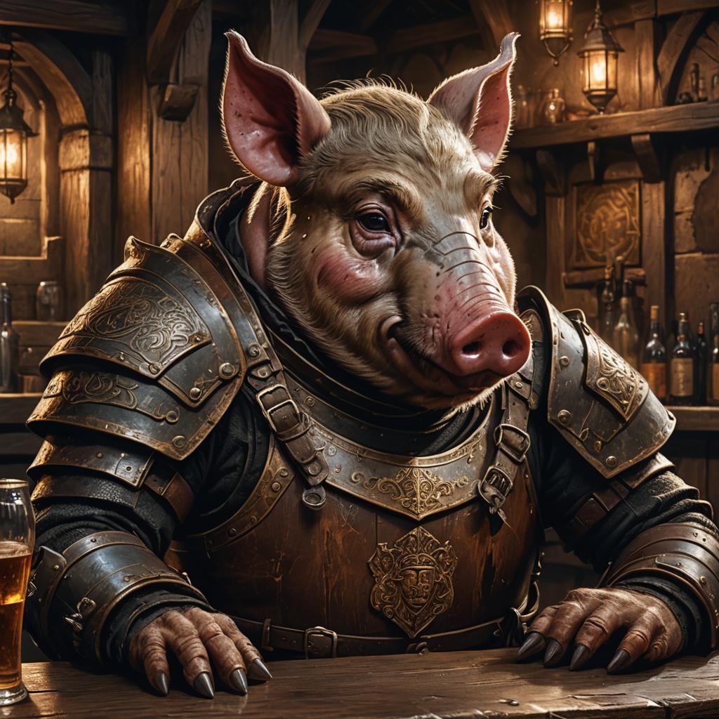 Medieval Pig in Tavern: Fantasy Concept Art