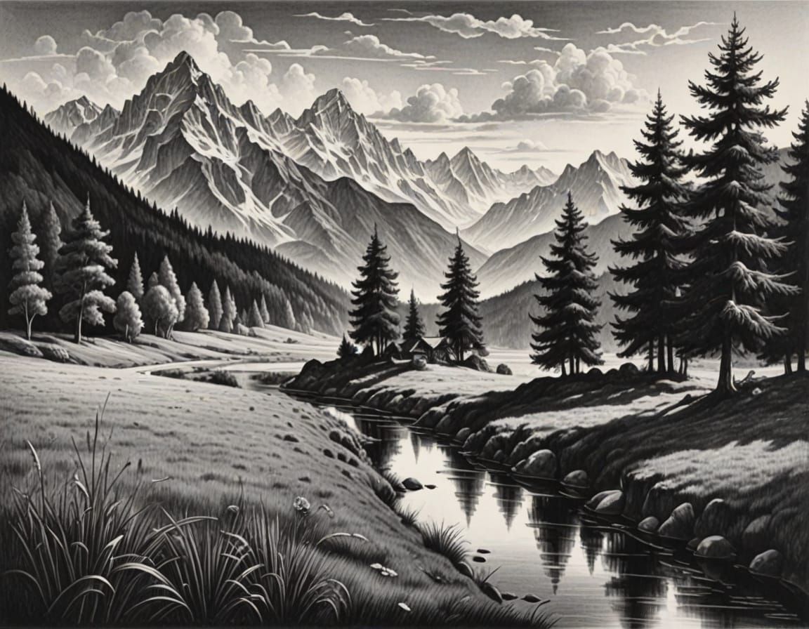 Monochrome Pencil Drawing of a Barren Landscape