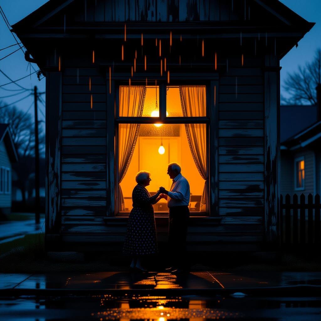 Elderly Couple Dancing in Humble House Window