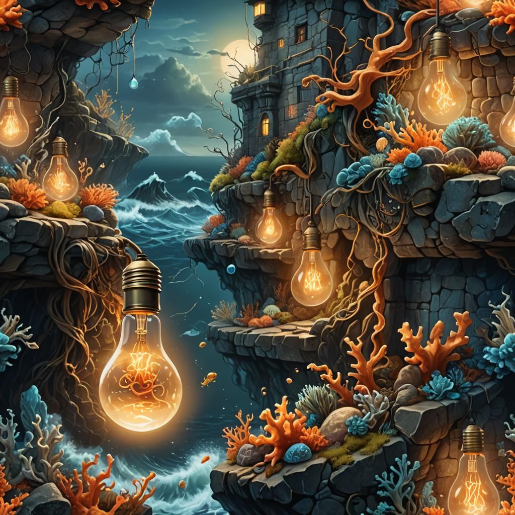 Ocean in Lightbulb: Surreal Fantasy Art