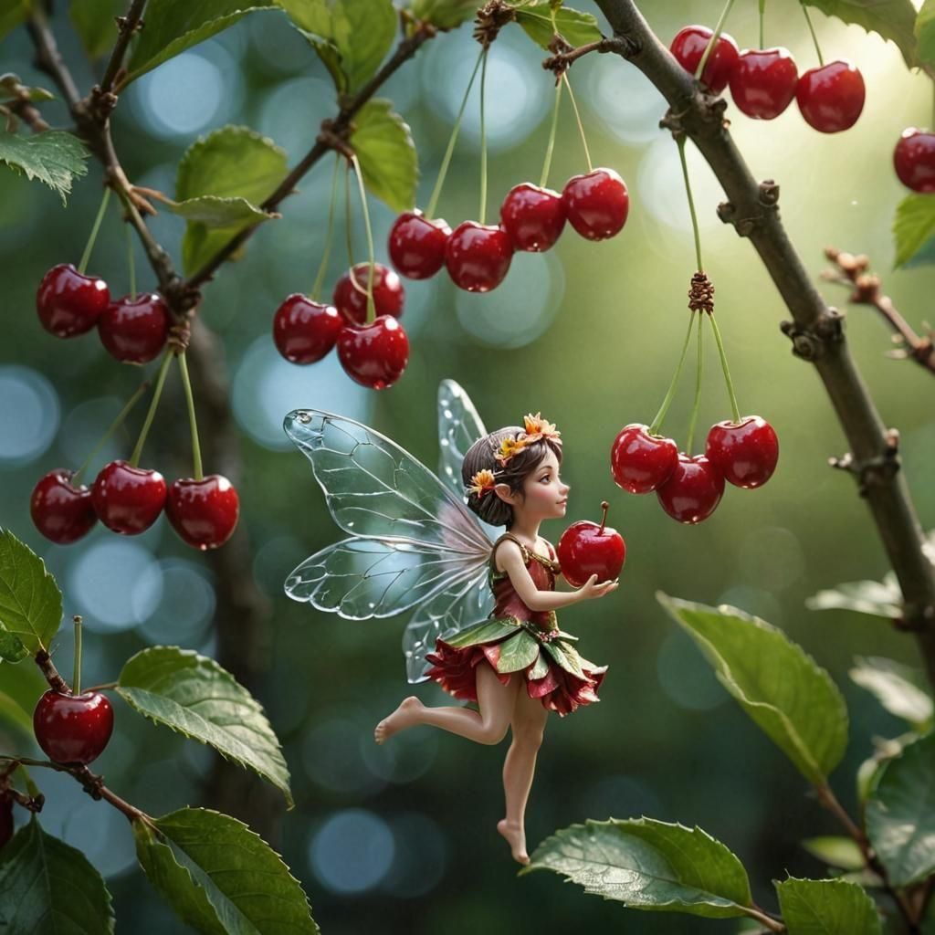 Tiny Fairy and Transparent Cherry: Photorealistic Close-Up