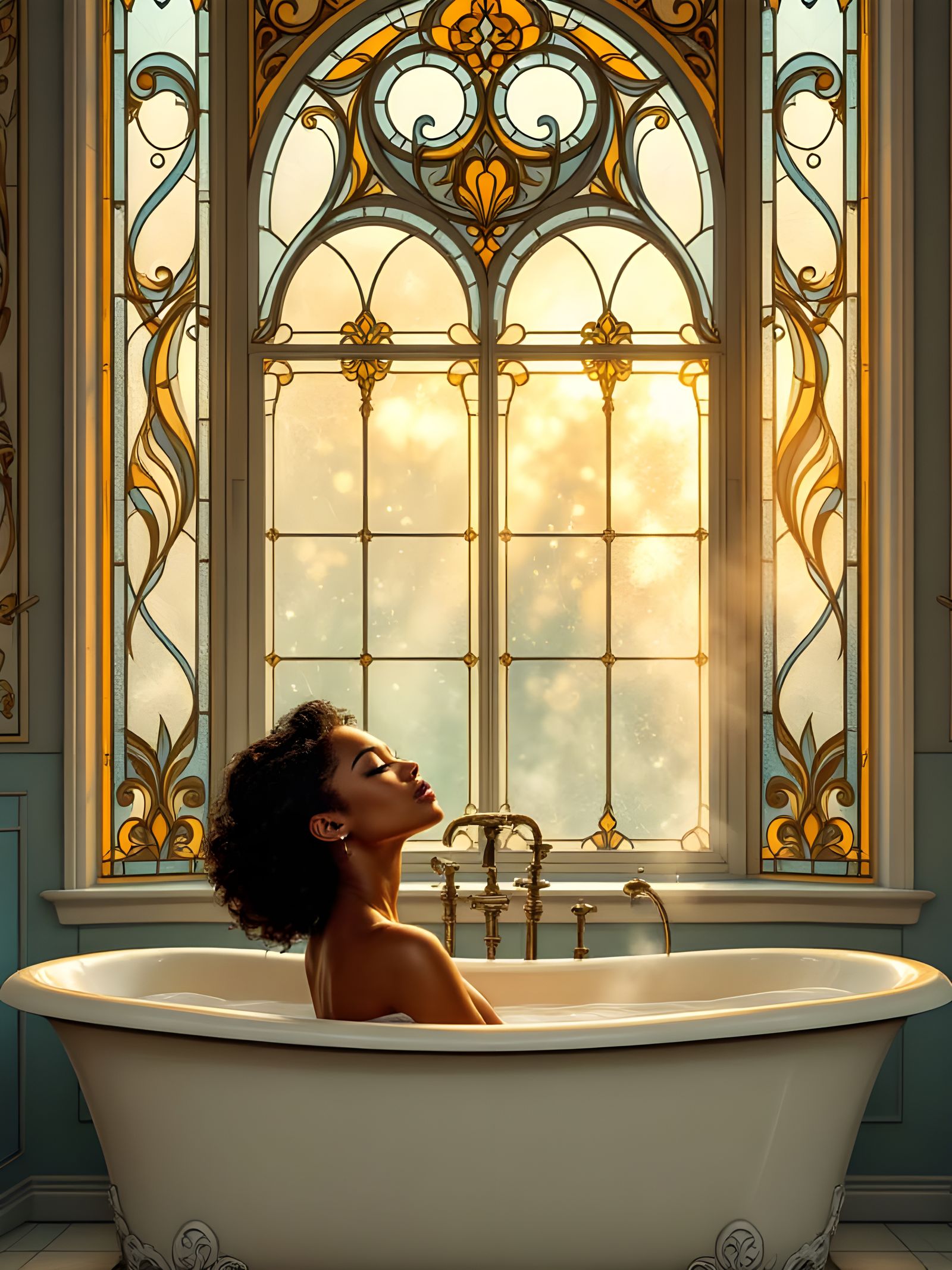 Black Woman Enjoys Bath in Luxurious Vintage Bathroom