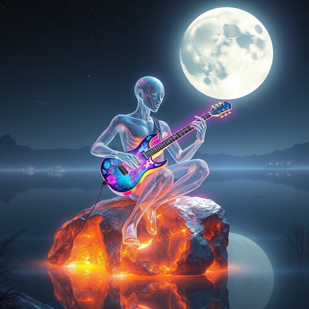 Crystal Chrome Figure Plays Music Under Full Moon Landscape