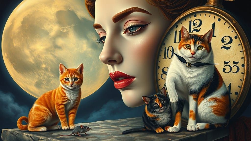 Surreal Woman with Cats, Mouse and Melting Clock