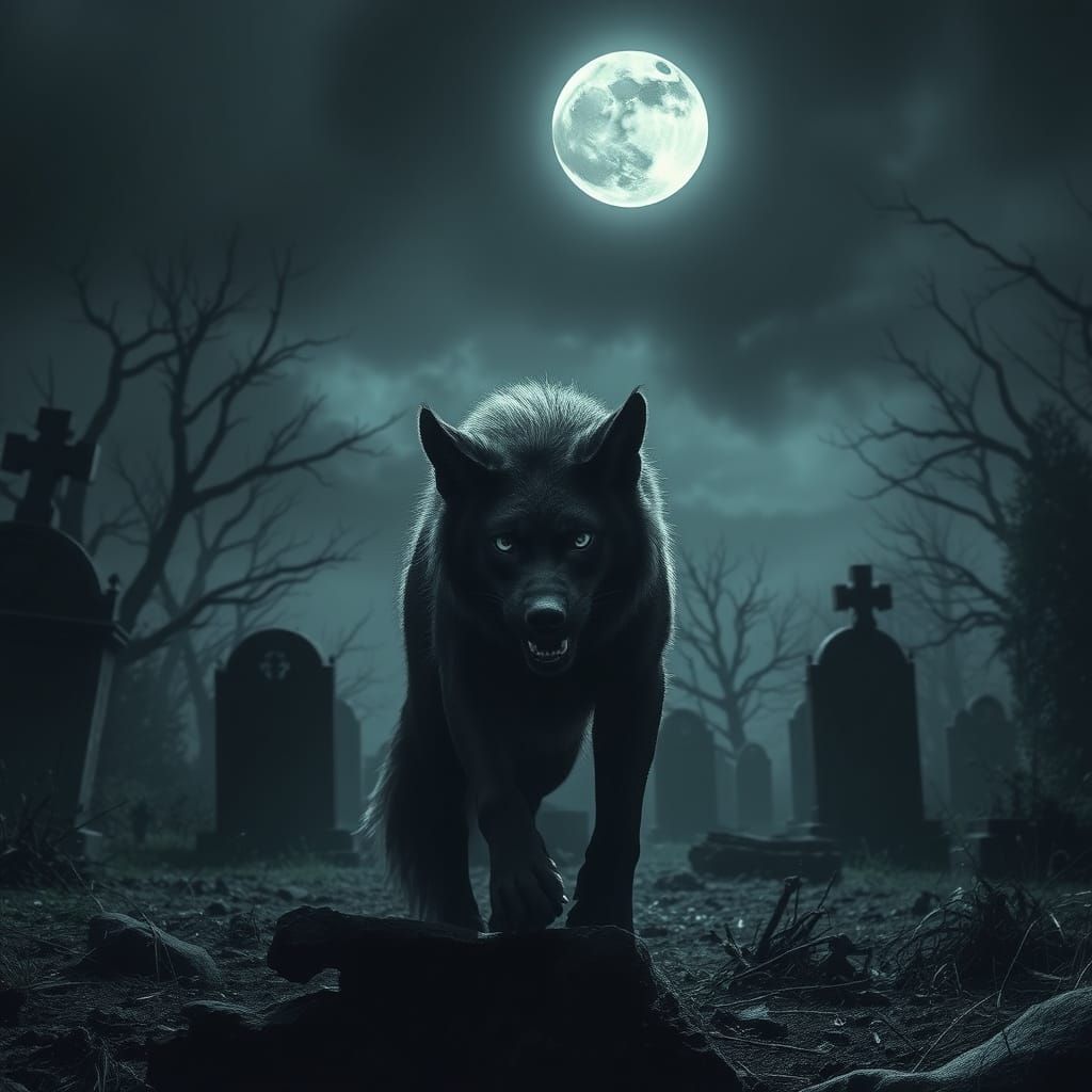Ghost Hyena in Haunted Cemetery Under Grey Moon