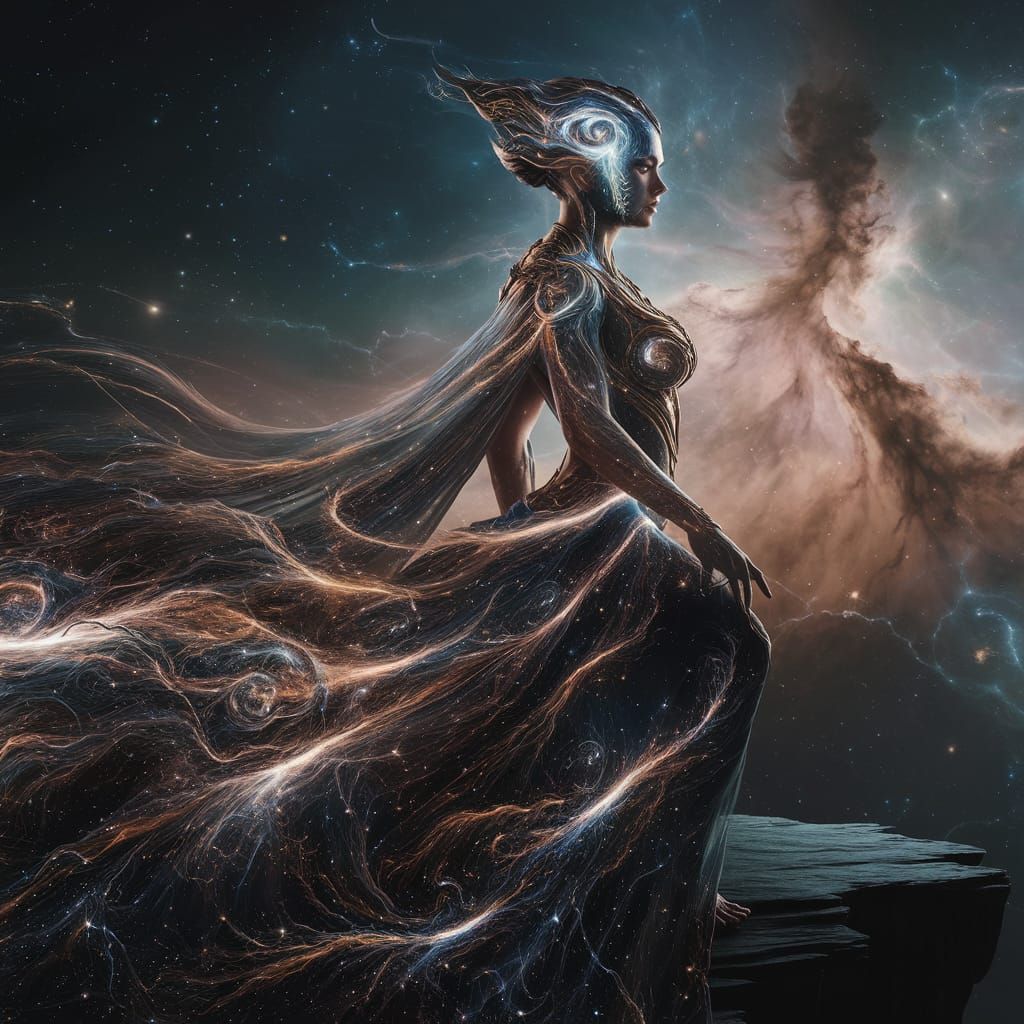 Regal Woman on Precipice Overlooking Nebula Sky