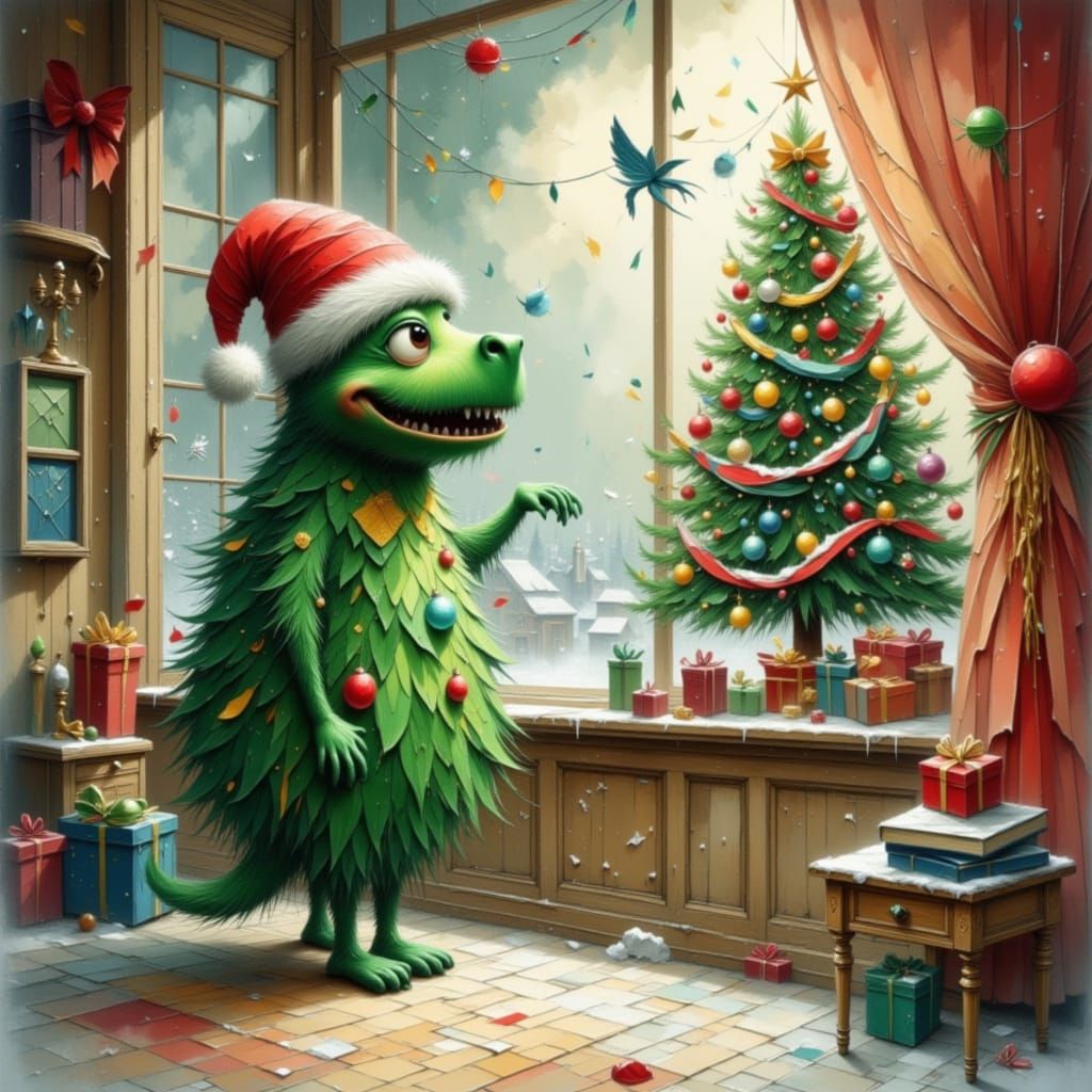 Whimsical Christmas Tree Monster in Children's Book Style