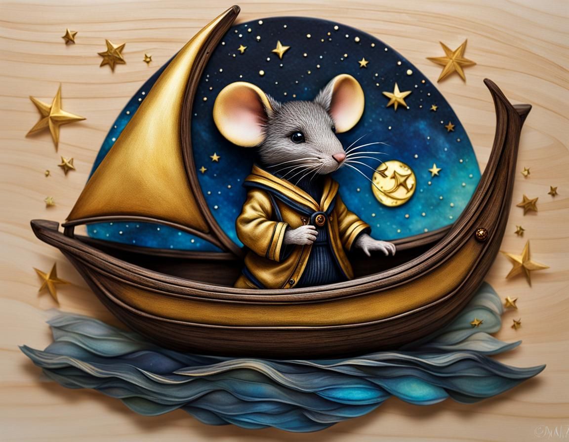 Sailor Mouse Gazing at Starry Sky, Detailed Matte Painting