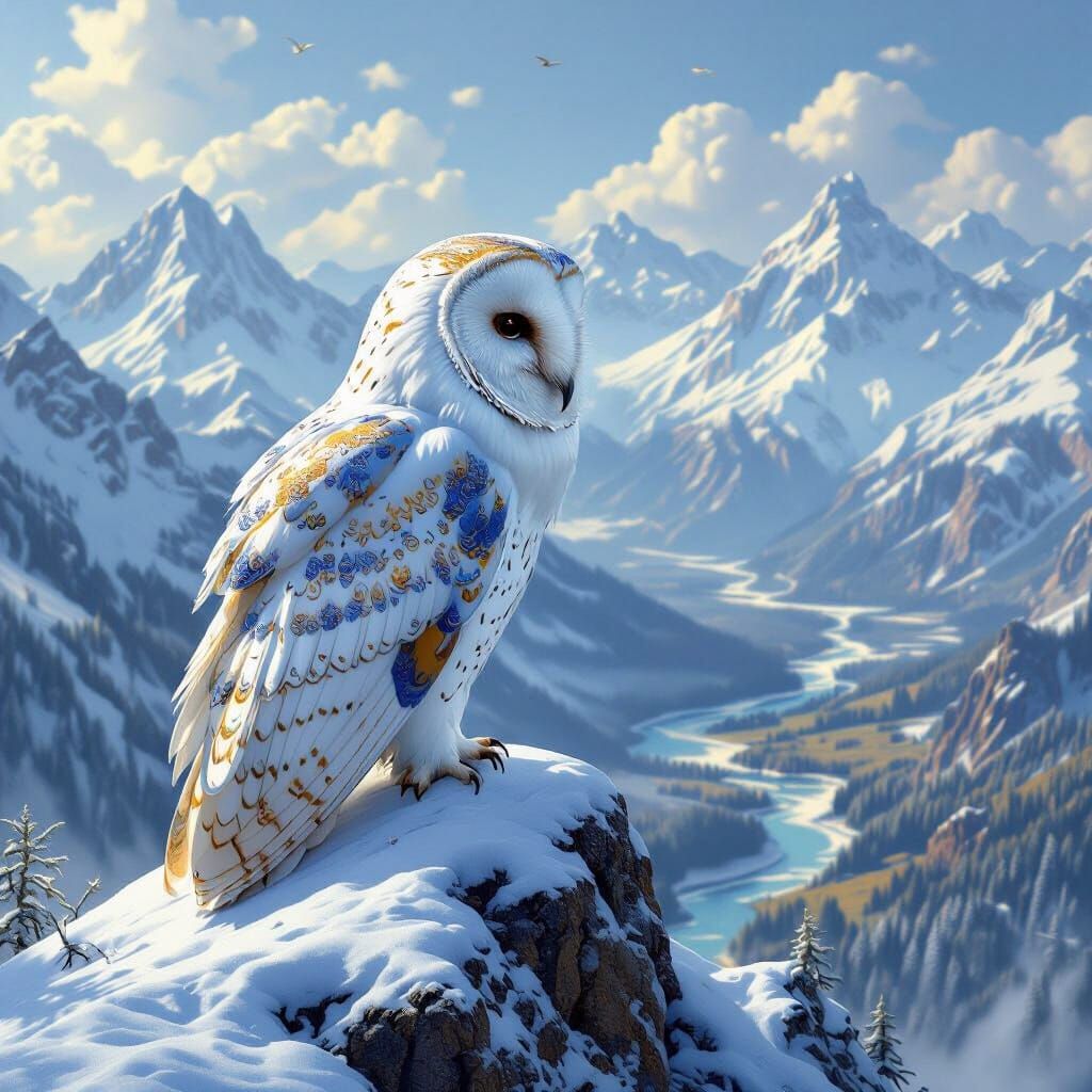 Iridescent Barn Owl on Snowy Peak