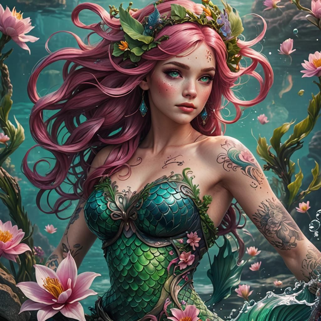 Traditional Spring Mermaid Tattoo Design in Deep Color