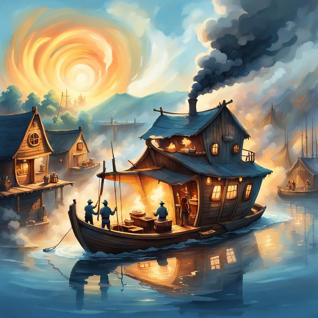 Rustic Boat Glides Down Serene River in Digital Art