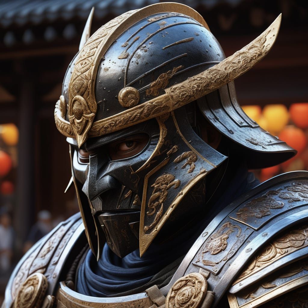 Hyperrealistic Japanese Samurai in Armor and Sword