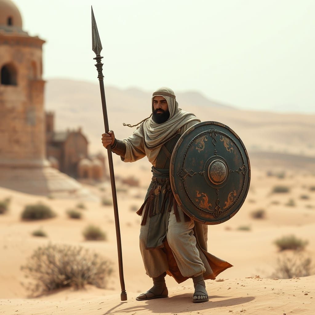 Medieval Arabic Warrior in Desert Landscape