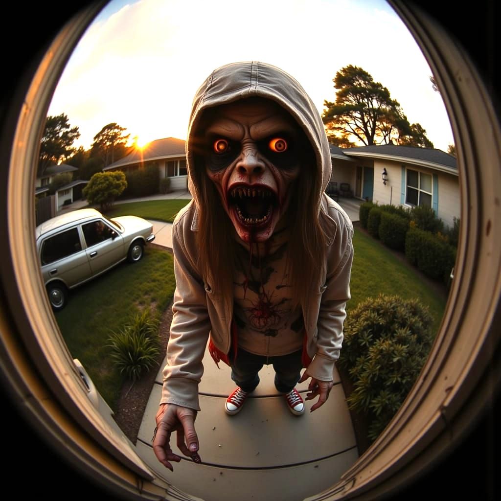 Creepy Zombie Peers at Ring Doorbell in Surreal Twilight