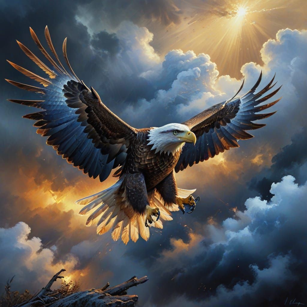 Majestic Eagle in Flight, Dynamic Watercolor Oil Painting