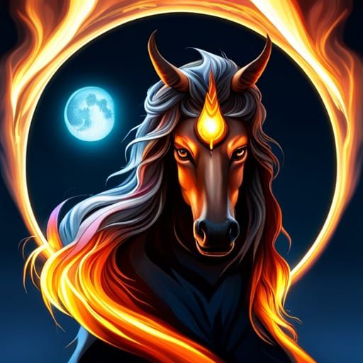 Fiery Black Unicorn with Moon, Hyperrealistic Art