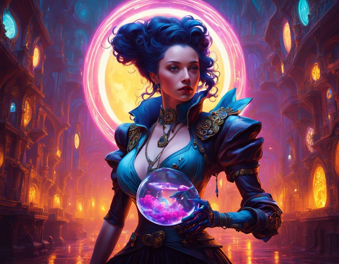 Cyberpunk Steampunk Visionary in Glass Arm with Violet Energ...