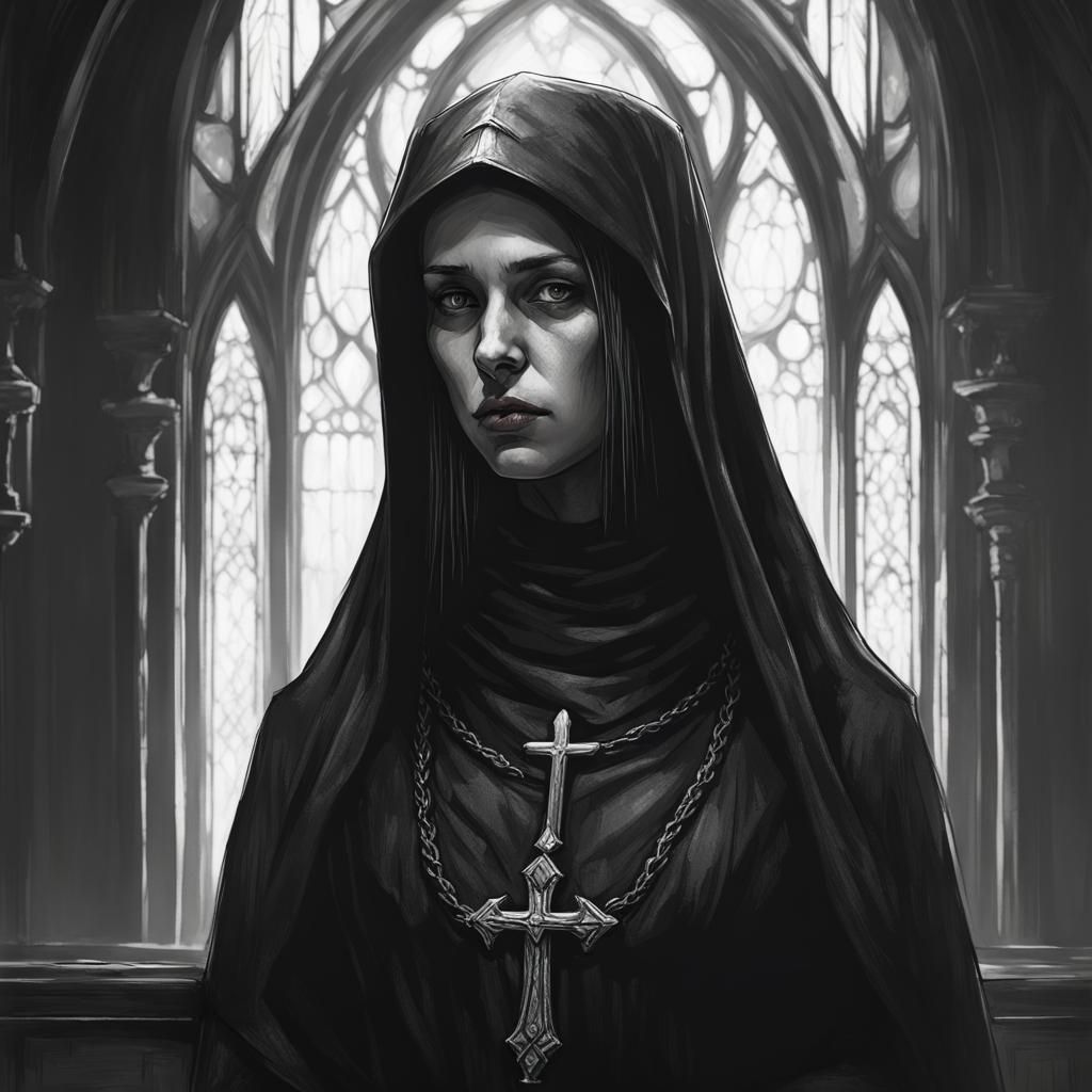 Gloomy Nun Portrait in Gothic Horror Style