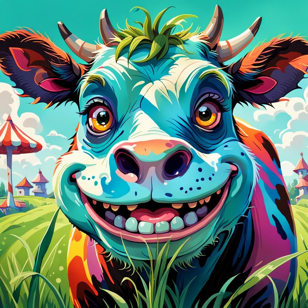 Smiling Googly-Eyed Cow in Gorillaz Style