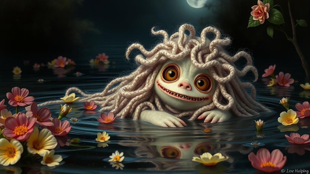 Eerie Furry Monster Floats Down River in Pre-Raphaelite Styl...