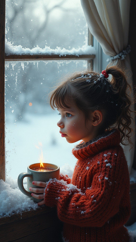 Girl at Snowy Window: Matte Painting Winter Scene