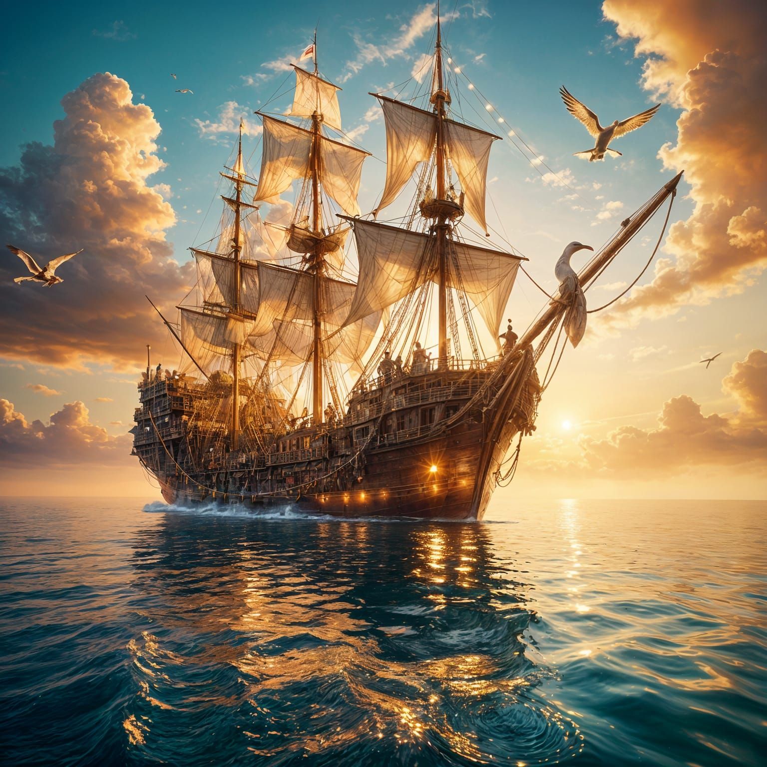 Sailing Pirate Ship in Sunrise Nautical Concept Art