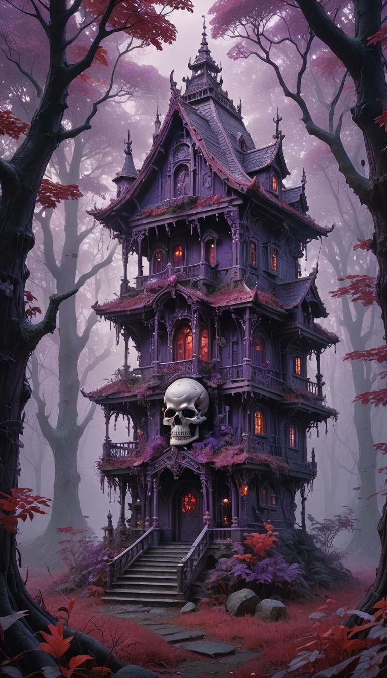 Purple Skeleton House in Misty Forest: Dark Fantasy Art