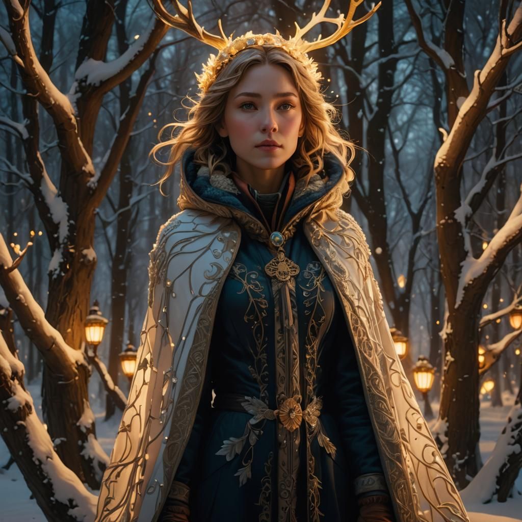 Winter Forest Woman in Art Nouveau Style