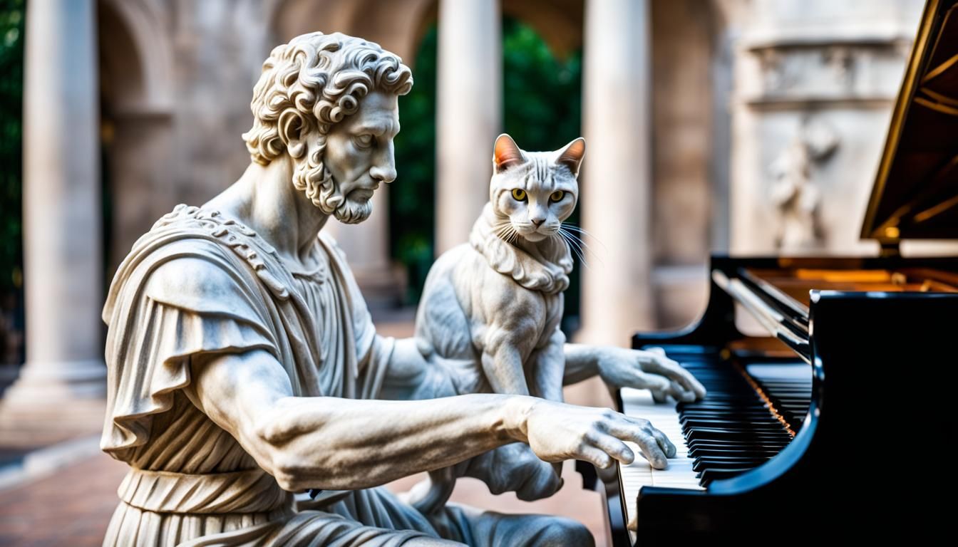 Caesar Statue Plays Piano with Cat