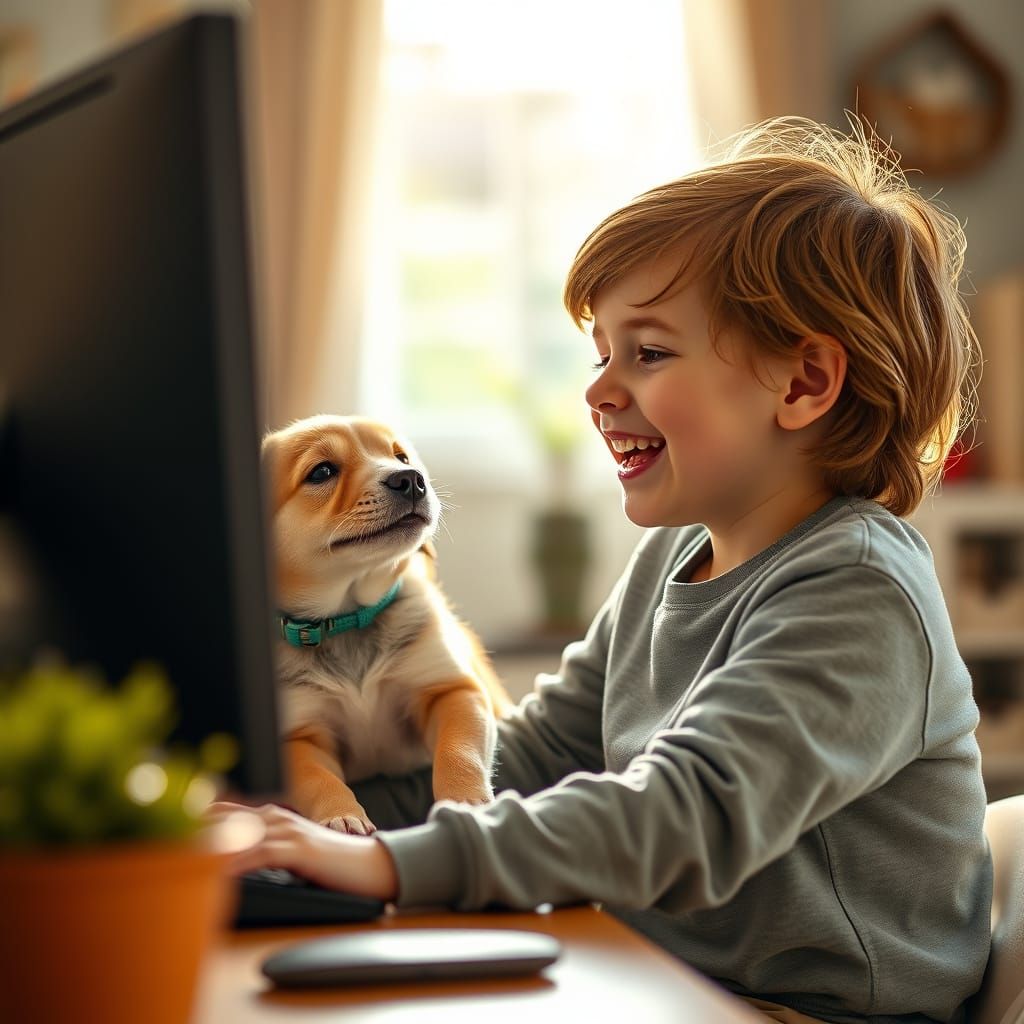 Child and Puppy Laughing at Computer Screen