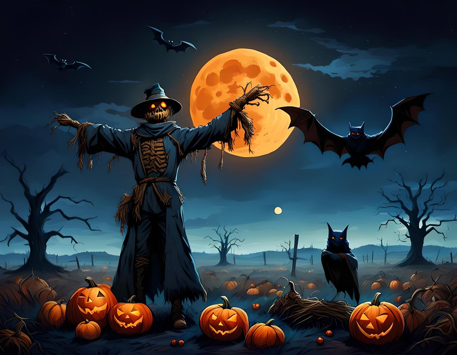 Halloween Night Scene with Pumpkin and Bat