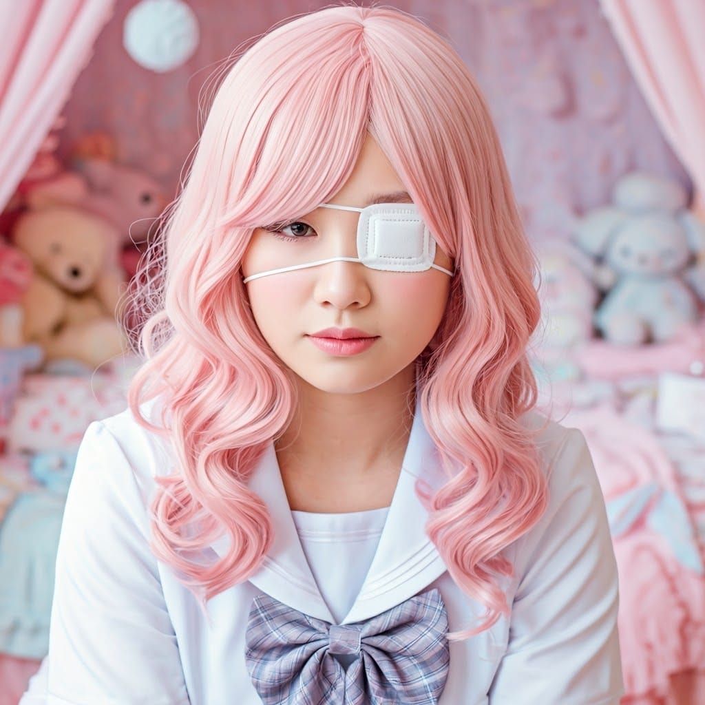Shy Japanese Schoolgirl with Pink Hair and Eyepatch