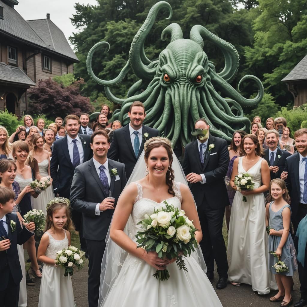 Cthulhu Photobombing a Wedding Celebration