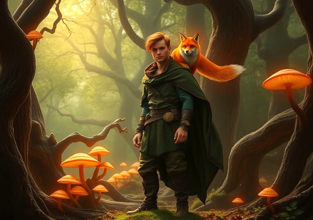 Redhead Man with Fox in Dreamy Klimt-inspired Landscape