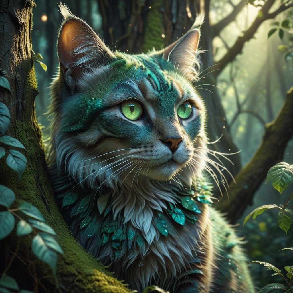 Emerald-Eyed Cat on Mystical Tree: Digital Art