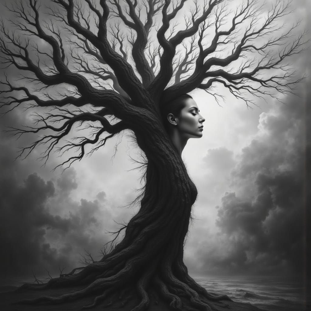 Monochromatic Brutalist Women Emerge as Trees in Realistic H...