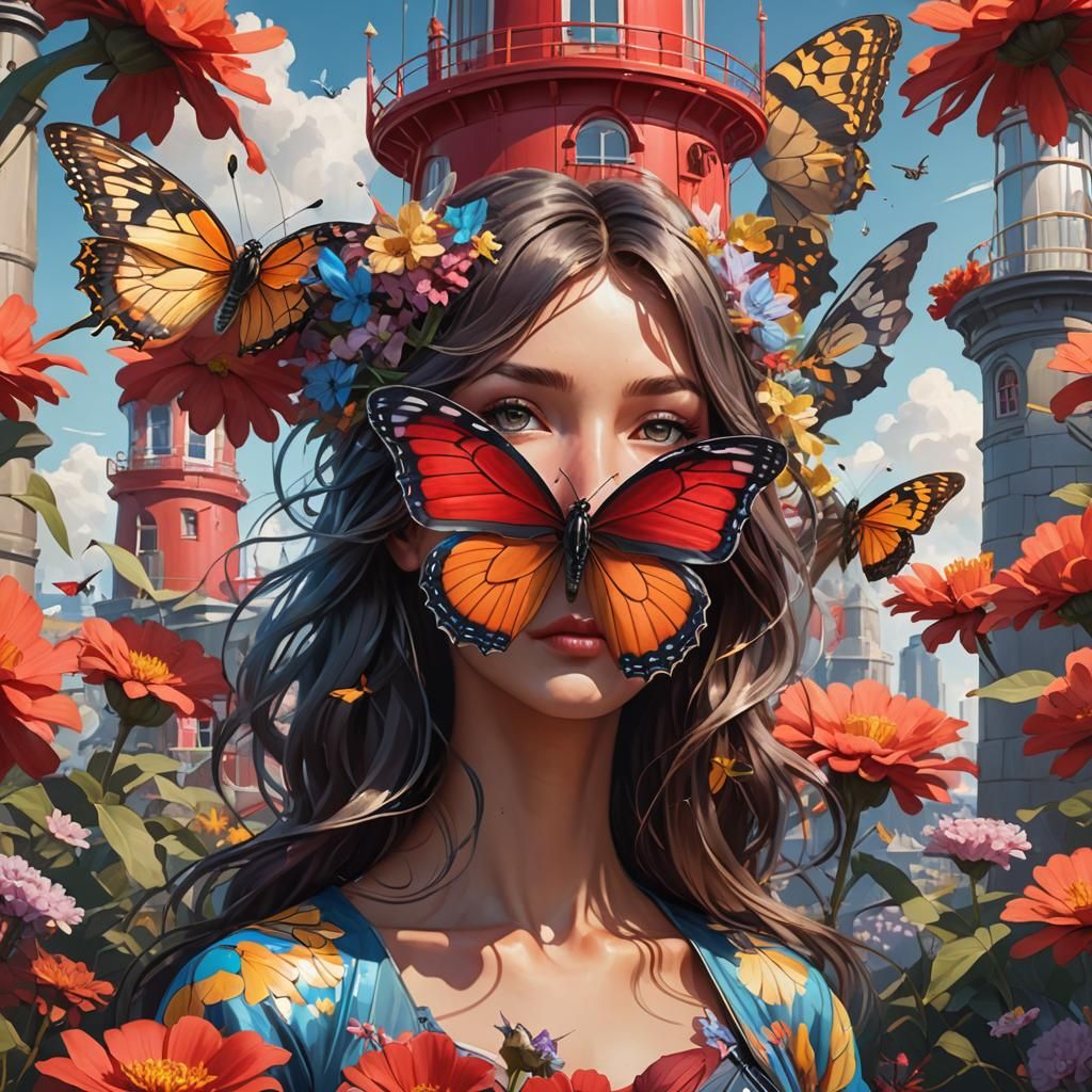Butterfly over Lighthouse Flower: Digital Art Portrait