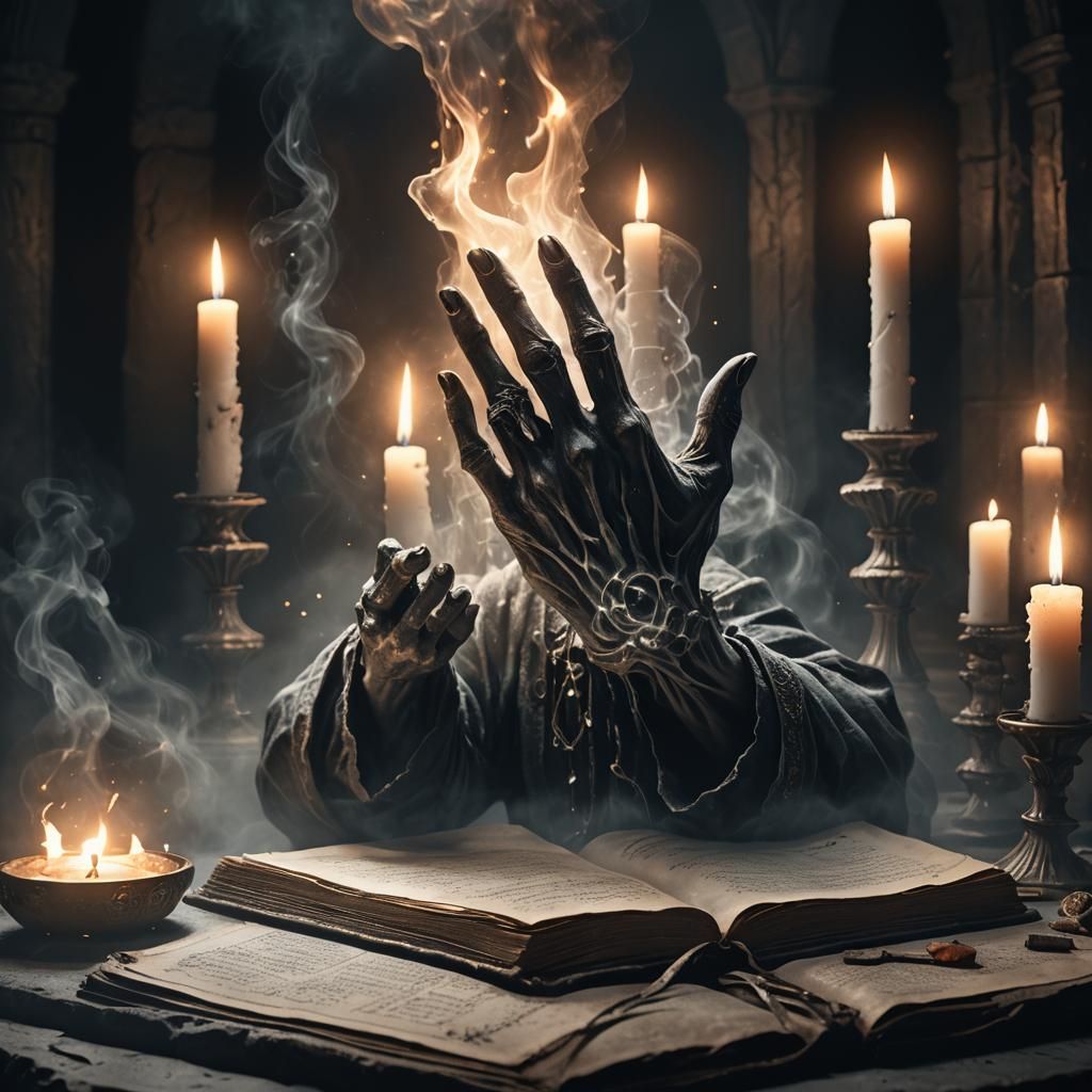 Ethereal Hand Emerges from Spellbook in Dark Fantasy