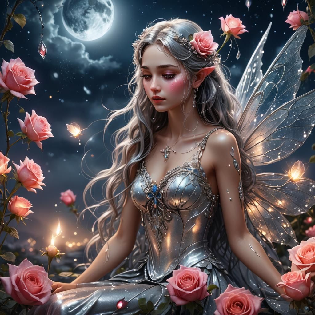 Fairy Weeping Silver Tears on Rose: Fantasy Art