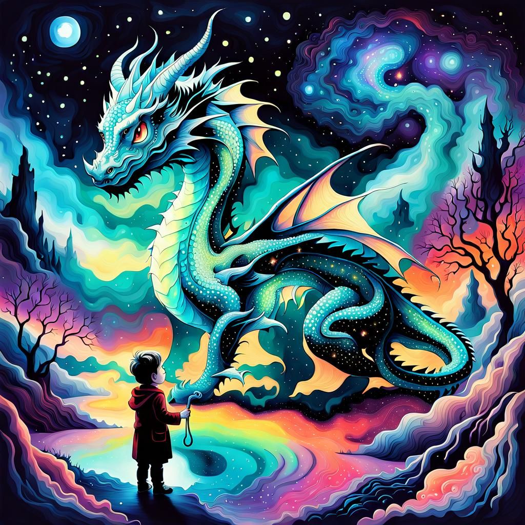 Toddler Magician and Dragon in Starry Dreamscape